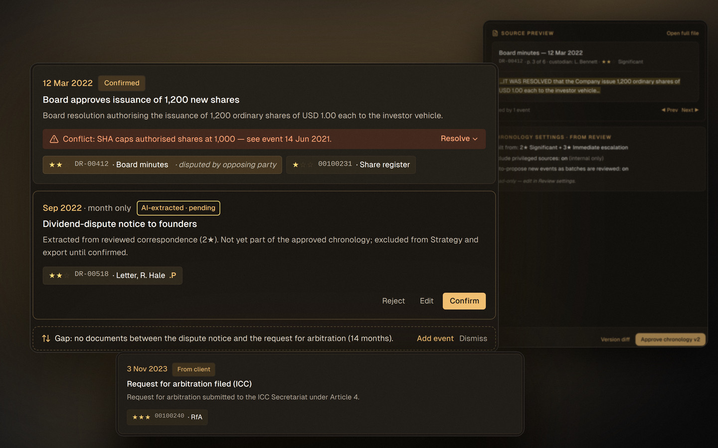The Bernio chronology: a confirmed event with its source documents and a detected conflict against an earlier event, an AI-extracted event pending confirmation, and the source preview with the underlying board minutes.