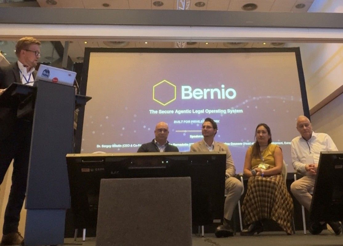 The ELTA panel "From Startup to Standout" on the Partnerstage at Legal Revolution 2026, with the Bernio title slide on screen behind the speakers.